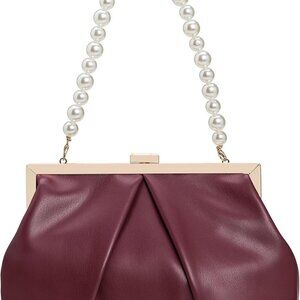 Faux Leather Clutch Purse Ruched PU Metal Frame Formal Evening Bag with Pearl St